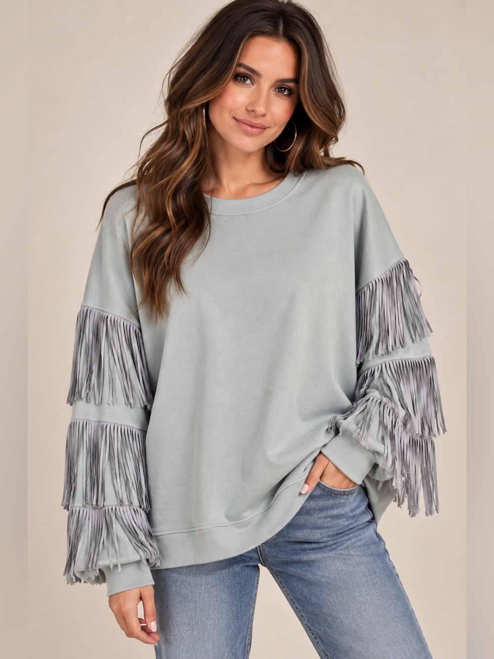 Oversized Fringe Sleeve Sweatshirt Top in Light Green